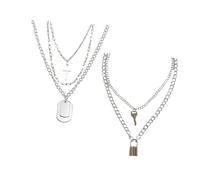 ifundom Collier Pendentif de Cadenas et Croix, Lot de 2 Chaînes en Alliage Argenté, Bijoux Rétro Cou, Accessoire pour Pull, Style Vintage pour Fêtes et Usage Quotidien