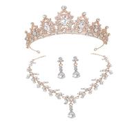 ifundom Ensemble Bijoux de Mariage Mariée Diadème Couronne Or Blanc Collier et Boucles D’Oreilles Tiges Parure Élégante pour Mariage Fiançailles et Cérémonie
