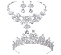 ifundom Ensemble Bijoux de Mariée Couronne Argentée Collier et Boucles D’Oreilles en Cristaux Parure Élégante pour Mariage et Enterrement de Vie de Jeune Fille