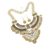 ifundom Ensemble de Colliers Plastron et Boucles D’Oreilles Bohème pour Femme - Collier Court avec Chaîne Épaisse en Métal Doré Orné de Pièces Vintage et Pompons pour Festivals et Usage