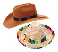 ifundom Lot de 2 Chapeaux pour Chiens et Chats, Chapeau Cowboy en Paille et Chapeau en Tissu Respirant, Taille Ajustable, Accessoires Décoratifs Légers pour Fête et Protection Solaire