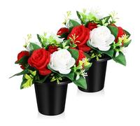 ifundom Lot de 2 Fleurs funéraires artificielles en Petit Pot, compositions pour cimetière, résistantes aux intempéries, décorations extérieures pour tombeaux, Blanc et Rouge