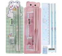 ifundom Lot de 6 sets de Ensembles de Papeterie Scolaire Crayons Manuels Gommes Créatives Taille-Crayons Scolaires Motifs Ours Bleu et Vert Chat Rose pour Étudiants École et Bureau