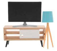 ifundom Mini Modèle de Meuble pour Maison de Poupée 3 Pièces - Téléviseur Noir Miniature Meuble TV Blanc et Lampe de Bureau Bleue - Décoration Réaliste pour Aménagement de Scène et
