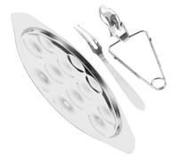 ifundom Plaque à escargot en acier inoxydable, plaque à compartiments à huîtres, plat de service pour fruits de mer et shellfish, avec pince et deux fourchettes à pointes, argent, 8.74 x