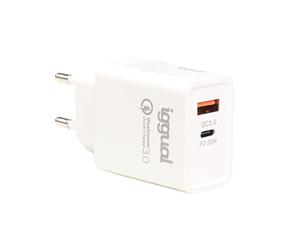 iggual - Chargeur mural USB à double prise | Adaptateur secteur USB C type PD 20 W + adaptateur d'alimentation USB QC3.0 | Compatible avec tous les appareils mobiles - Blanc