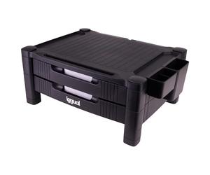iggual Élévateur moniteur EM2 avec 2 tiroirs avant, fente pour tablette et 2 tiroirs latéraux. Deux hauteurs, 19 cm max. et 13 cm min. Surface d'appui 45,7 x 33 cm (poids max. 30 kg).