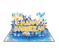 iGifts And Cards Carte pop-up 3D Happy Hanukkah - Menorah, étoile de David et Dreidels - Festival des lumières pour les fêtes juives, la famille, les enfants et les hôtes - 12,7 x 17,8 cm avec carte