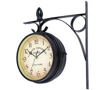 Iglobalbuy Horloge de Gare Rétro, Horloge Murale Double Cadran avec Potence de Fixation Pendule Double Face pour L’intérieur et L’extérieur Maison Jardin Cuisine Cour Séjour