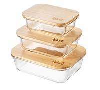 Igluu Meal Prep Boîtes Repas en Verre (Lot de 3) - Couvercles en Bambou Hermétiques - Sans Plastique - Éco-responsables, Empilables - 3 Bandes Extensibles - 1050, 640, 370 ml - Verre Borosilicate