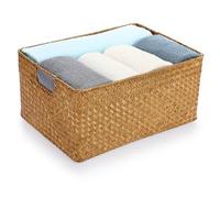 IGNPION Panier de rangement ouvert en jonc de mer - Panier décoratif en osier tissé - Panier de bureau rectangulaire pour salle de bain - Panier de rangement multifonction - Caramels