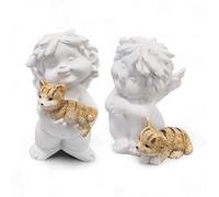 IGOR anges avec chat lot de 2: statuettes décoratives en résine blanche, figurines petits anges porte-bonheur, bibelots ange gardien symboliques, cadeau anniversaire, noël ou fête des mères, 7 cm