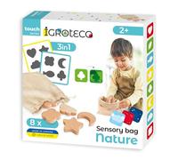 Igroteco® Sac sensoriel naturel en bois | Jeu éducatif pour enfants | 6 variantes de jeu | Développement de la motricité fine, des couleurs & des formes | Comprend 8 cartes double face & sac en lin |