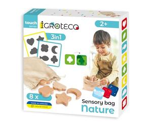 Igroteco® Sac sensoriel naturel en bois | Jeu éducatif pour enfants | 6 variantes de jeu | Développement de la motricité fine, des couleurs & des formes | Comprend 8 cartes double face & sac en lin |