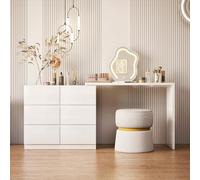 IGTOPS Coiffeuse avec miroir et éclairage LED - Commode à 6 tiroirs côte à côte ou en forme de L - Changement de forme en L - Lumière réglable - Blanc neige