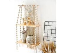 IGTOPS Étagère Murale Bois Massif Étagère Flottante Double Couche 75 x 30 cm, Organisateur Suspendu en Étagère Flottante pour Balcon Petites Plantes-Naturel tissé Corde à la Main avec Macramé Bohème