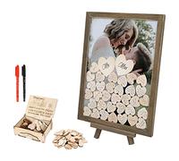 IGTOPS Livre d'or de mariage en bois avec cadre photo, 100 cœurs en bois à écrire et 2 marqueurs pour livre d'or de mariage, anniversaire et baby shower