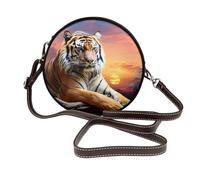 IguaTu Wolf at night Sac à bandoulière rond en cuir pour femme avec bandoulière amovible, sac à main élégant, Coucher de soleil coloré tigre, Taille unique