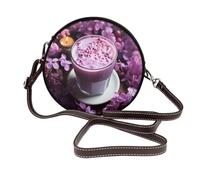 IguaTu Wolf at night Sac à bandoulière rond en cuir pour femme avec bandoulière amovible, sac à main élégant, Boisson aux fleurs violettes, Taille unique