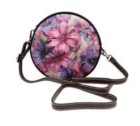 IguaTu Wolf at night Sac à bandoulière rond en cuir pour femme avec bandoulière amovible, sac à main élégant, Fleurs violettes et roses, Taille unique
