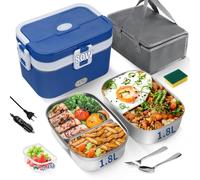 ihakkason 3-en-1 Boîte à Déjeuner Électrique 80W, 2 Couches Gamelle Chauffante 1,8L Acier Inoxydable, 220V/12V/24V Lunch Box Chauffante avec Couverts et Sac Isolant pour Voiture/Camion/Bureau