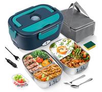 ihakkason Lunch Box Chauffante Électrique 65W, 3 en 1 Portable, Gamelle Chauffante en Acier Inoxydable avec 2 Boîtes Amovibles, 12V/24V/220V pour Voiture, Camion et Bureau (Turquoise, 1,5 L)