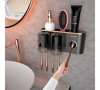 iHave Porte Brosse à Dents Electrique Mural Sans Perçage - Support Brosse a Dent Electrique Adhésif avec Distributeur de Dentifrice, 2 Gobelets Inversés, Rangement Organiseur Salle de Bain, Noir et Or