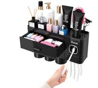iHave Porte Brosse à Dents Mural avec Distributeur de Dentifrice - Support Brosse a Dent Electrique, Auto-adhésif sans Perçage, Tiroir & 3 Gobelets Magnétiques, Rangement Salle de Bain, Noir