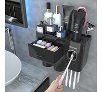 iHave Porte-Brosse à Dents Mural Noir avec Distributeur Automatique de Dentifrice, 2 Tasses, Support de Brosse à Dents décoratif de Salle de Bain avec tiroir, Grande capacité, Accessoires de Salle de