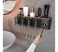 iHave Porte brosse à dents mural sans perçage avec distributeur de dentifrice automatique, Support mural pour brosse à dents avec 4 gobelets, Organiseur salle de bain étanche, Accessoire mural Or Noir