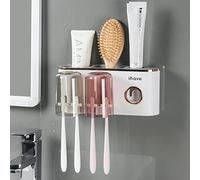 iHave Porte brosse à dents mural sans perçage avec distributeur de dentifrice automatique, Support mural pour brosse à dents avec 2 gobelets, Organiseur salle de bain étanche, Accessoire mural Platine