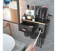 iHave Porte Brosse à Dents pour Salle de Bain, 2 Tasses Porte Brosse à Dents Mural avec Distributeur de Dentifrice - Plateau Grande capacité,-Décoration et Accessoires de Salle de Bain(Or Noir)