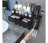 iHave Porte Brosse à Dents pour Salle de Bain, 4 Tasses Porte Brosse à Dents Mural avec Distributeur de Dentifrice - Plateau Grande capacité,-Décoration et Accessoires de Salle de Bain(Noir)