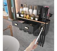 iHave Porte Brosse à Dents pour Salle de Bain, 4 Tasses Porte Brosse à Dents Mural avec Distributeur de Dentifrice - Plateau Grande capacité,-Décoration et Accessoires de Salle de Bain(Or Noir)