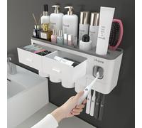 iHave Porte Brosse à Dents pour Salle de Bain, 4 Tasses Porte Brosse à Dents Mural avec Distributeur de Dentifrice - Plateau Grande capacité,-Décoration et Accessoires de Salle de Bain(Blanc)
