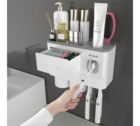 iHave Porte-brosses à Dents décoratif pour Salle de Bain, 2 Tasses, Support Mural avec Distributeur Automatique de Dentifrice, Accessoire de Salle de Bain avec Plateau de Grande capacité, tiroir à