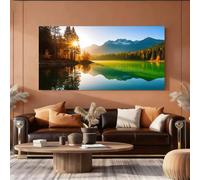 IHHGNB 1 affiche sur toile sans cadre représentant un lever de soleil sur un lac de montagne et une forêt, avec reflet dans un paysage naturel (30 x 60 cm / 12 x 24 pouces).
