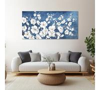 IHHGNB Grande toile murale vintage blanche à motif floral et branches brunes, peinture botanique rétro sur fond bleu foncé, décoration intérieure (80 x 160 cm/sans cadre)