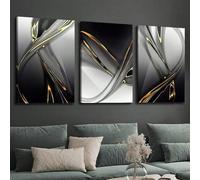 IHHGNB Impression sur toile décorative, art abstrait nordique moderne aux lignes dorées, feuille d'or noire, décoration murale pour la maison, 70 x 90 cm (26 x 35 pouces), 3 pièces, sans cadre