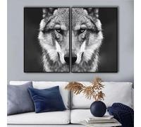 IHHGNB Impression sur toile représentant une tête de loup, tableau mural, animal sauvage, style nordique, noir et blanc, décoration d'intérieur, 70 x 90 cm (28 x 35 pouces), 2 pièces, sans cadre