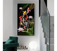IHHGNB Impression sur toile sans cadre représentant une carpe rouge chinoise porte-bonheur, art mural, lotus, koi rouge, peintures pour salon (55 x 110 cm, sans cadre)