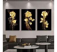 IHHGNB Lot de 3 peintures sur toile noires avec fleurs de rose dorées, art mural moderne pour salon, images décoratives, affiches et impressions murales, 30 x 50 cm (12 x 20 pouces) x 3, sans cadre