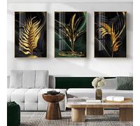 IHHGNB Tableau abstrait en toile, feuilles dorées, vertes et noires, composé de 3 pièces, idéal pour décorer un salon, une salle de bain ou tout autre espace (30 x 40 cm x 3, sans cadre).