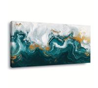 IHHGNB Tableau abstrait fluide, peinture sur toile, tourbillons de marbre bleu sarcelle et doré, décoration intérieure contemporaine (60 x 120 cm/sans cadre)