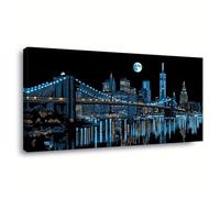 IHHGNB Tableau abstrait représentant un paysage urbain, le pont de Brooklyn vu de nuit, en bleu et noir, sur toile (20 x 40 cm/sans cadre), idéal pour le salon.