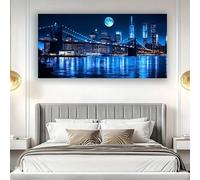 IHHGNB Tableau mural paysage urbain style Art déco moderne, impression sur toile bleu foncé, décoration intérieure moderne pour salon et chambre (60 x 120 cm (24 x 47 po) / sans cadre)