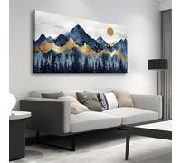 IHHGNB Tableau sur toile, forêt de montagne bleu indigo et doré, décoration murale, peinture sur toile, paysage naturel, impression d'œuvre d'art (80 x 160 cm (31 x 63 po) / sans cadre)