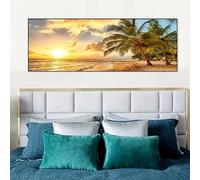 IHHGNB Tableau sur toile représentant un coucher de soleil sur une plage tranquille, avec des palmiers, style nordique, pour salon ou bureau (45 x 135 cm/sans cadre)