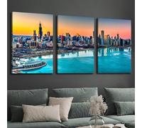 IHHGNB Triptyque sur toile représentant le coucher de soleil sur Chicago, décoration murale pour la maison ou le bureau (40 x 50 cm, 3 pièces)