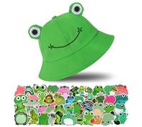 IHLOOTD Bob Grenouille pour Adulte, avec Autocollants, Chapeau de Soleil en Coton Pliable pour Femme Homme, Chapeau de Pêcheur Grenouille d'été pour Camping Randonnée